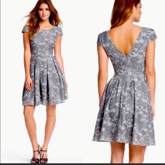 Betsey Johnson Grey Floral Lace Cap Sleeve Fit And Flare Dress Sz 2 - Picture 1 of 6